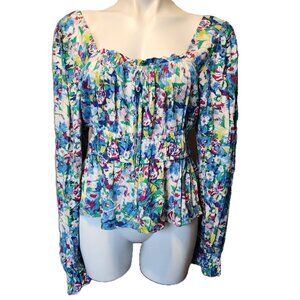 So Goods For Life top Women's XL Floral colorful peasant boho peplum square neck